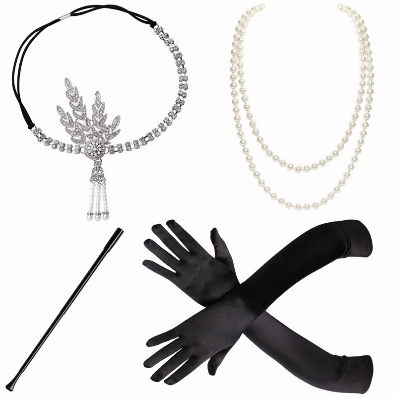 BABEYOND 1920s Flapper Accessories Gatsby Costume Accessories Set 20s Flapper Headband Pearl Necklace Gloves Plastic Holder for Women - Image 1